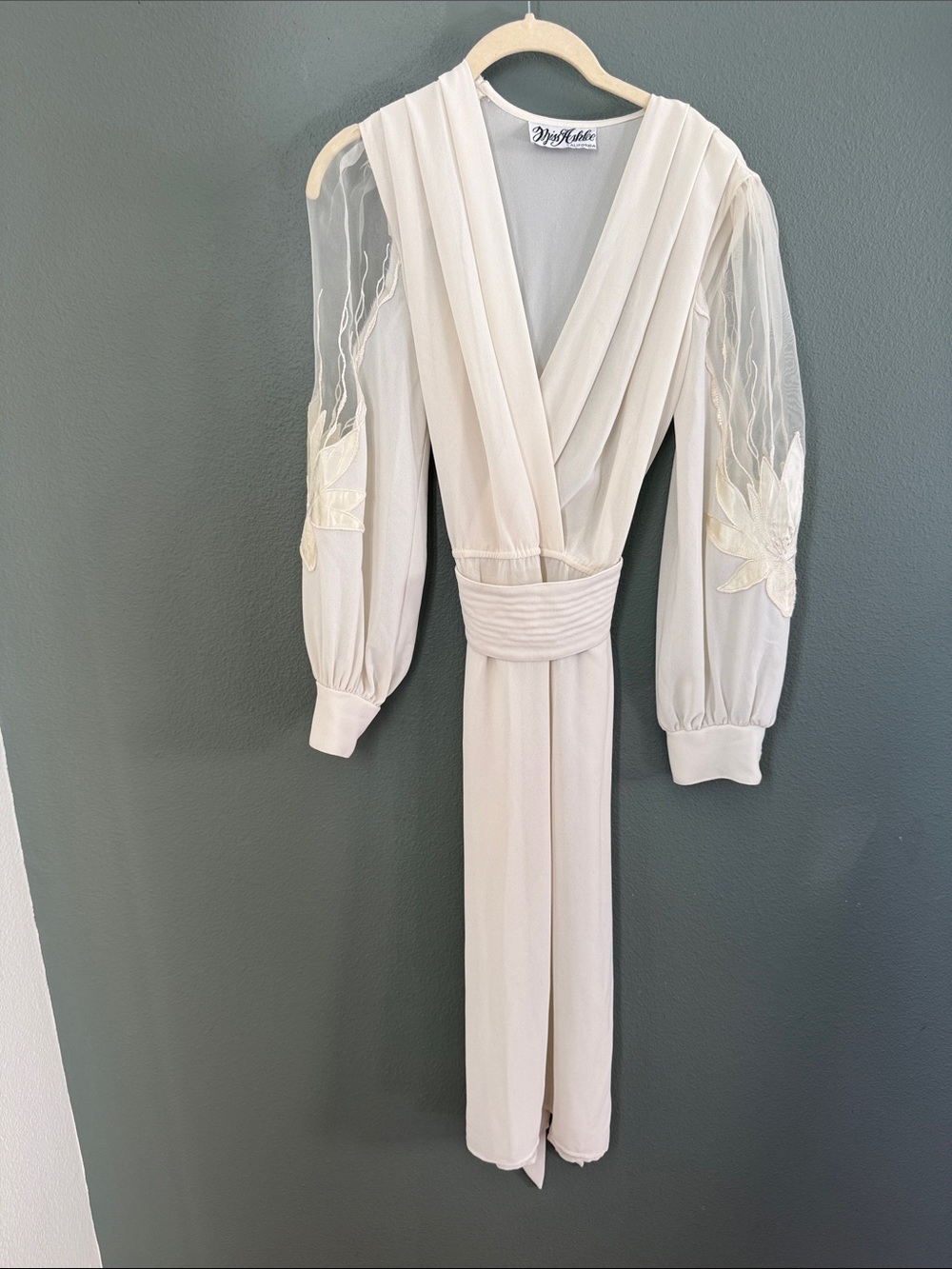 Vintage Long Sleeve Cream Maxi Dress with Sheer Embroidered Sleeves